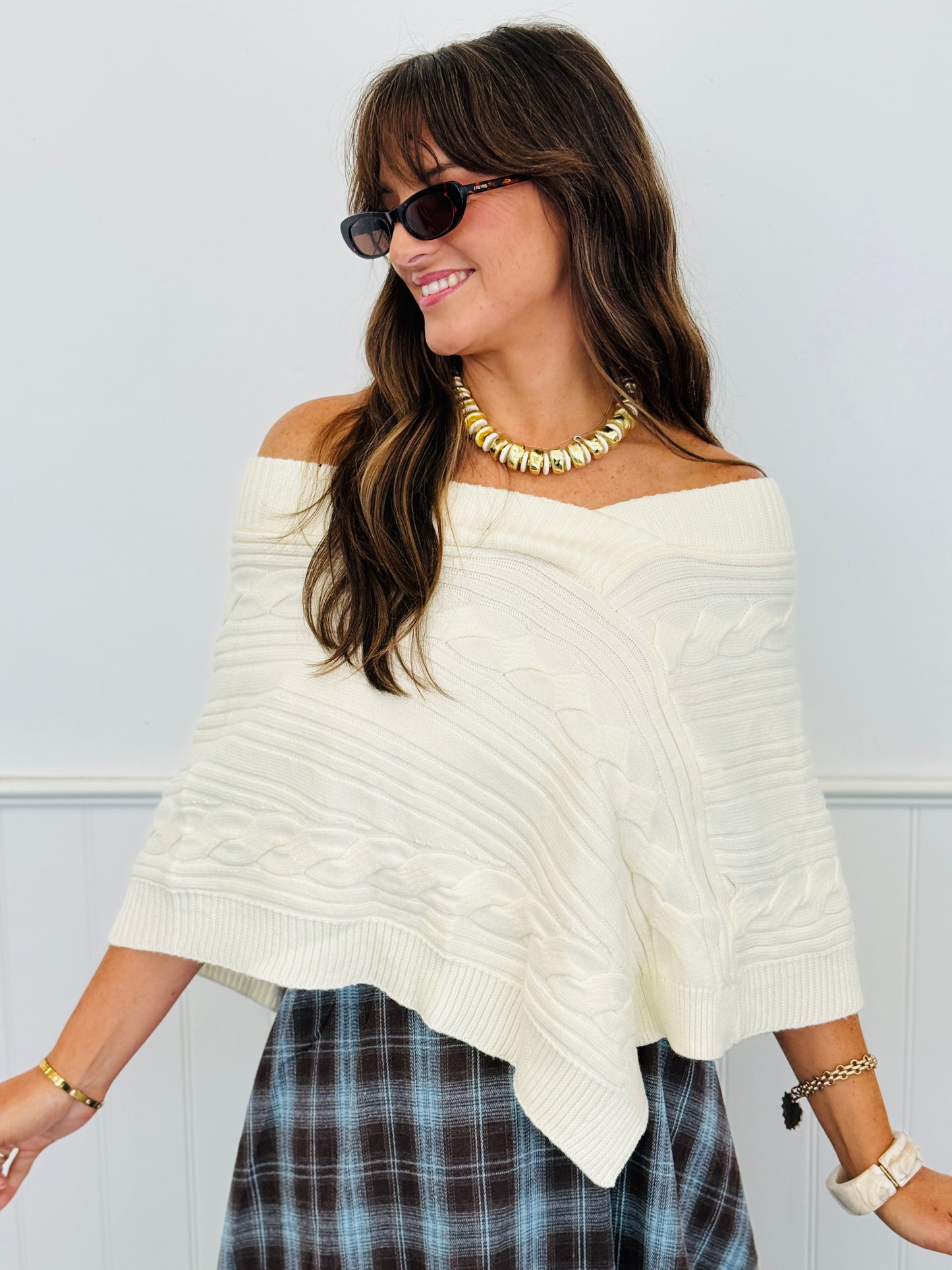 Cream Cable Knit Sweater Poncho Top (Reg.)