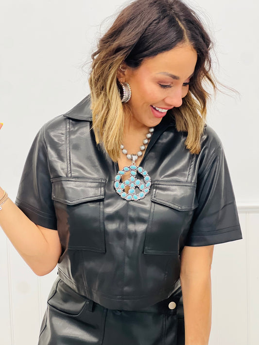 Black Faux Leather Short Sleeve Top (Reg.)
