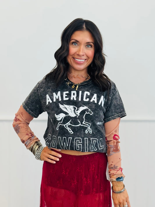 Black American Cowgirl Mineral Washed Tee (Reg. and Plus)