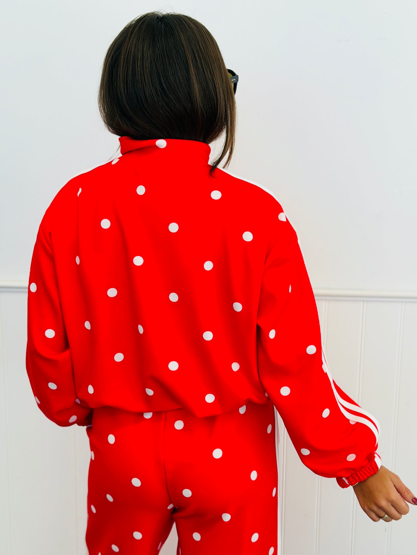 Red Polka Dot Side Stripe Zip Up Jacket (One Size)