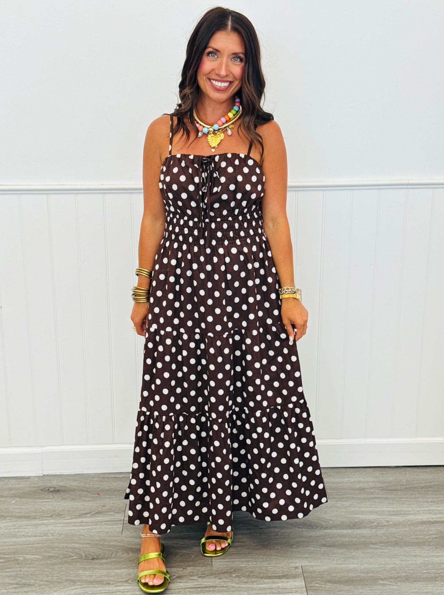 Brown/White Polka Dot Tiered Midi Dress (Reg.)