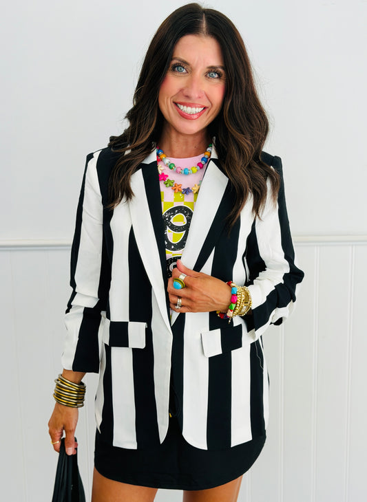 Black White Vertical Stripe Relaxed Blazer (Reg. & Plus)