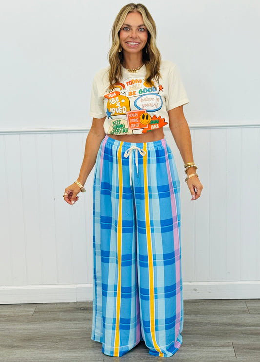 Blue Multi Plaid Palazzo Pants (One Size)