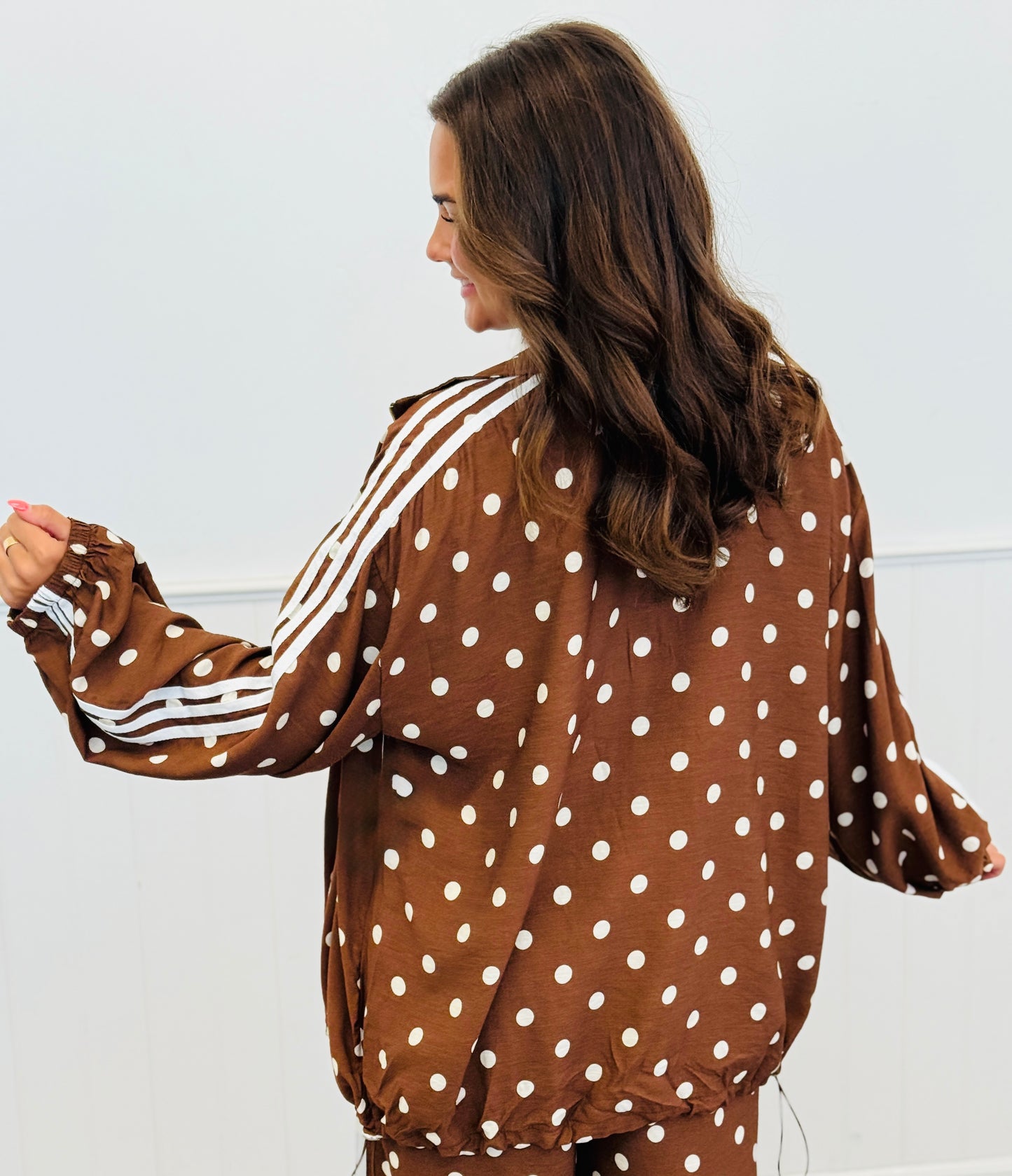 Mocha Polka Dot Side Striped Jacket & Pants Set (One Size)