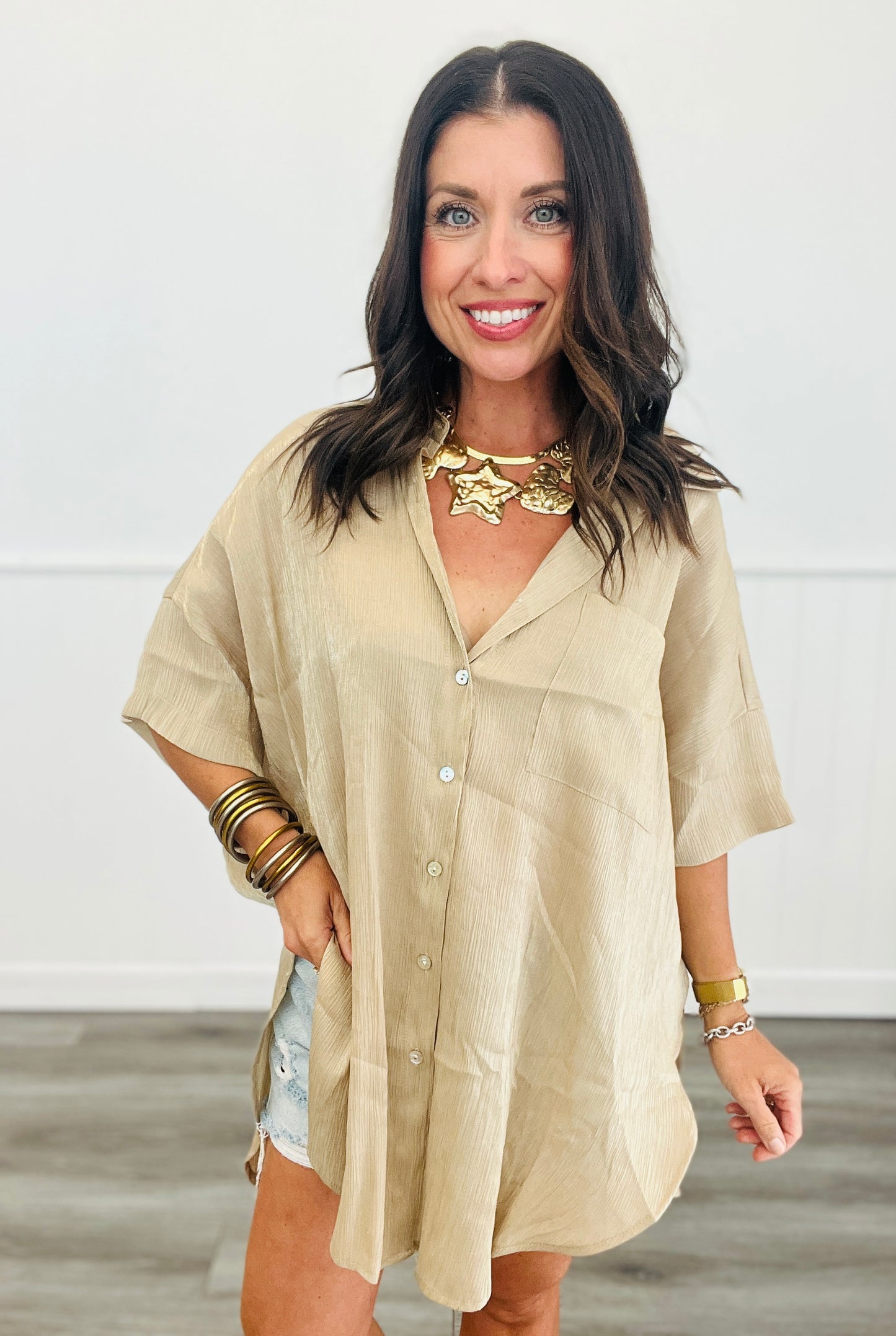 High Low Collared Oversized Shirt (Reg.)-4 Colors