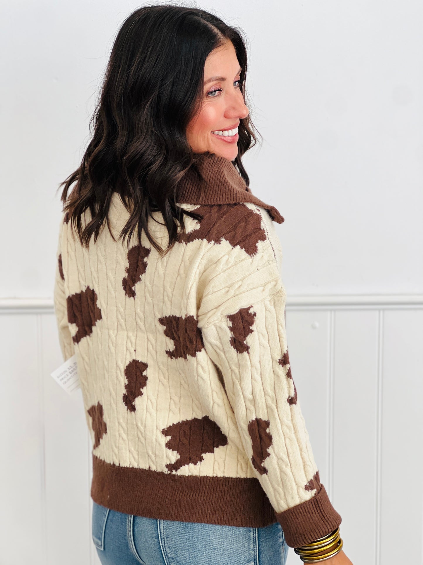 Brown Cow Print Zip Up Sweater Jacket (Reg. and Plus)
