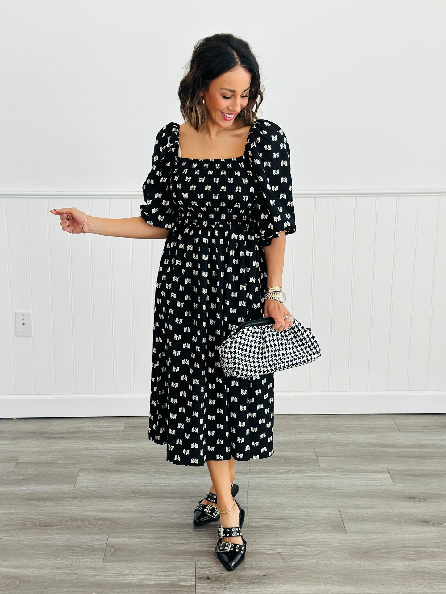 Black Ribbon Puff Sleeve Midi Dress (Reg. and Plus)