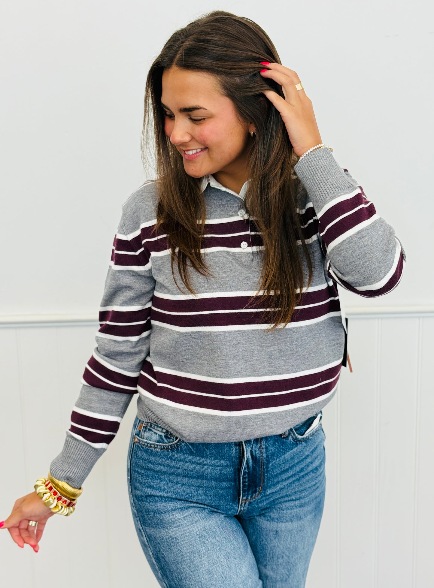Contrast Collar Stripe Sweater Top (Reg.) - 3 Colors