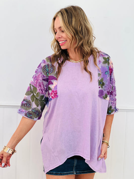 Lavender Sequined Floral Mesh Sleeve Top (Reg & Plus)-2 Colors