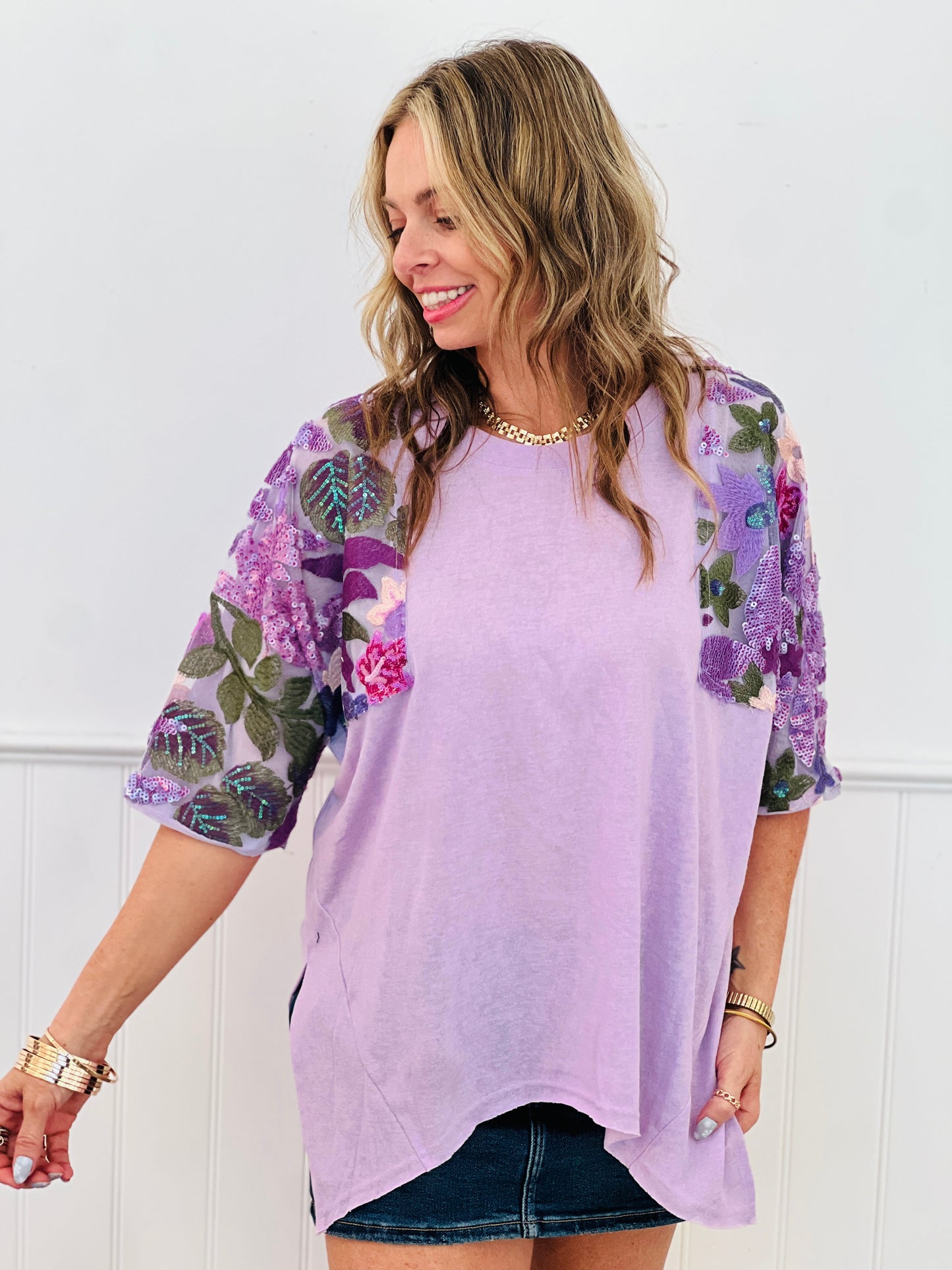 Lavender Sequined Floral Mesh Sleeve Top (Reg & Plus)-2 Colors