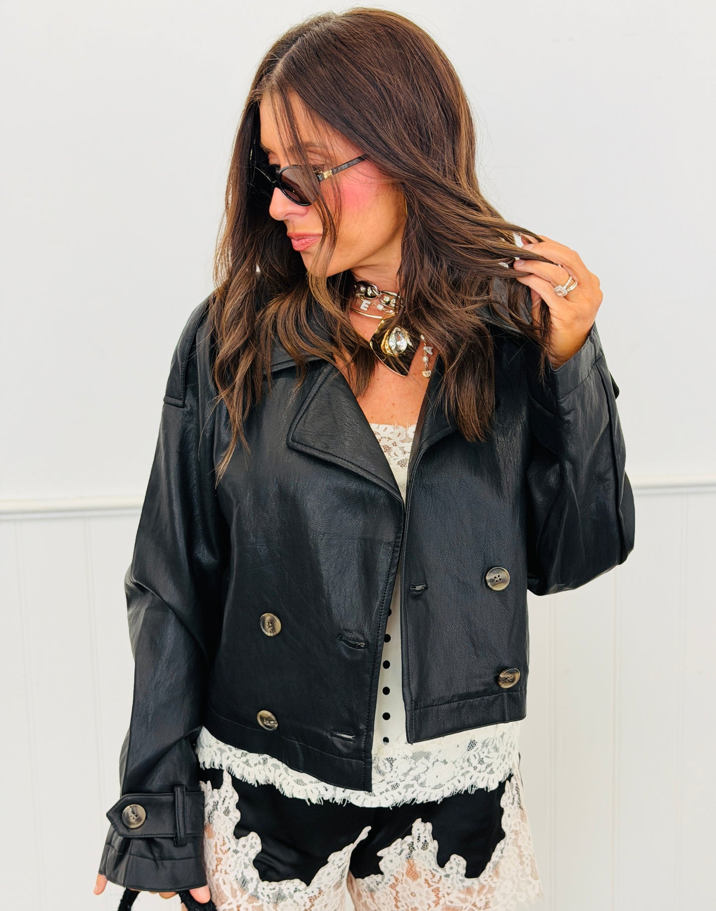 Faux Leather Waist Length Trench Coat (Reg.) - 3 Colors