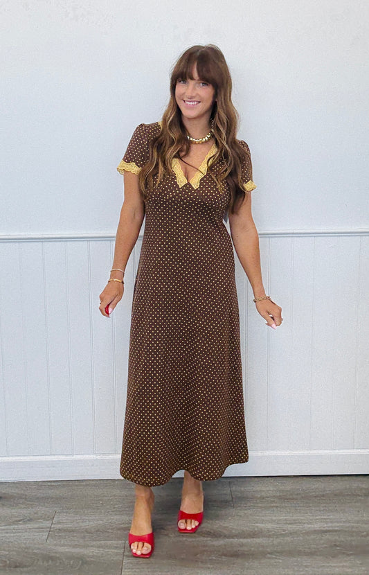 Brown Polka Dot & Lace Midi Dress (Reg. and Plus)