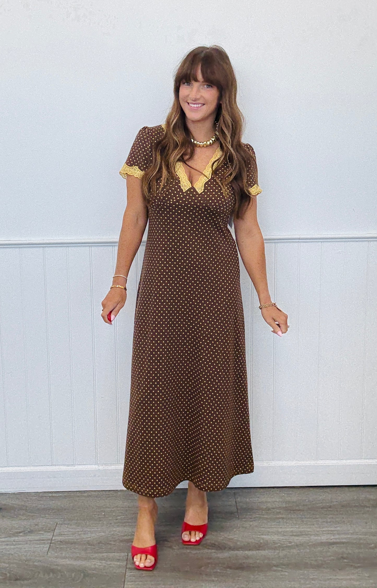 Brown Polka Dot & Lace Midi Dress (Reg. and Plus)