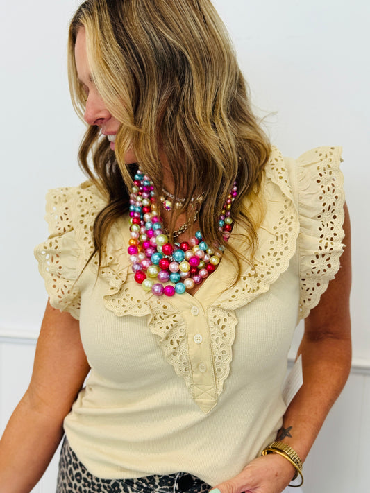 Ecru Eyelet Ruffle Trim Blouse (Reg. and Plus)