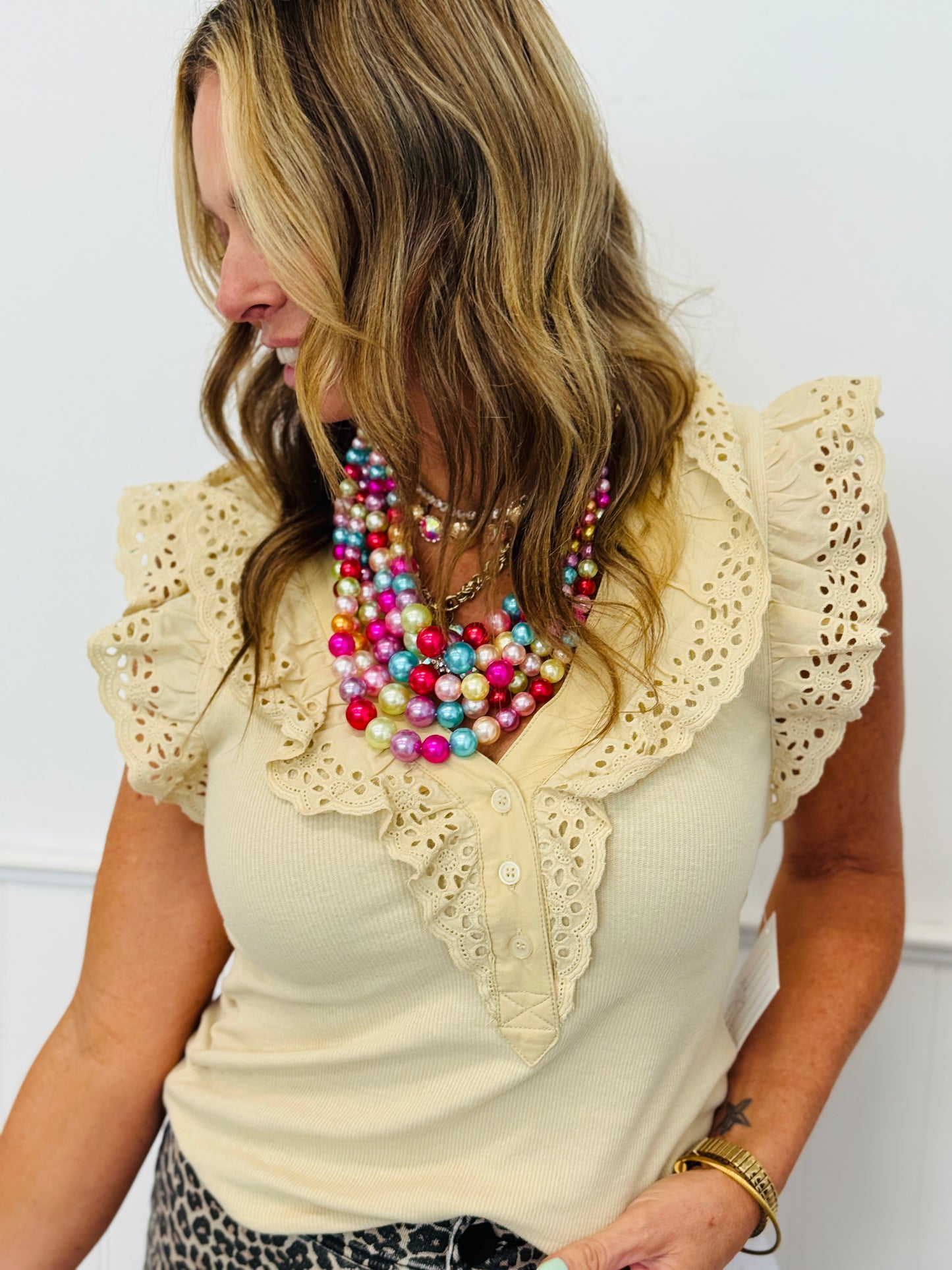 Ecru Eyelet Ruffle Trim Blouse (Reg. and Plus)