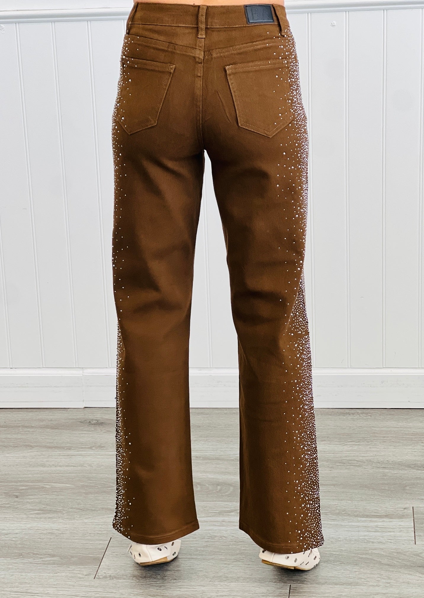 Brown Rhinestone Embellished Straight Leg Pants (Reg.)