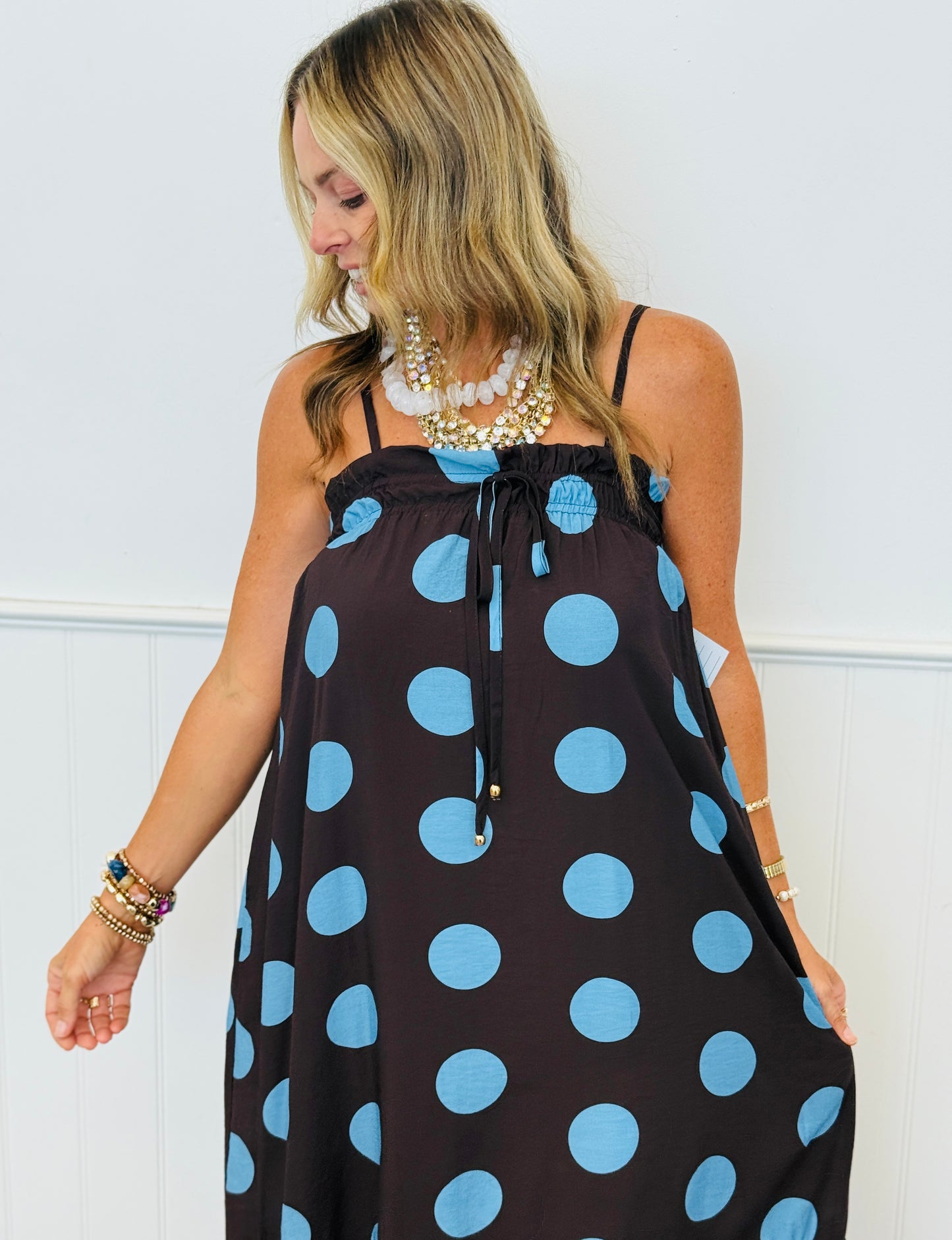 Dark Brown Polka Dot Strappy Midi Dress (Reg.)