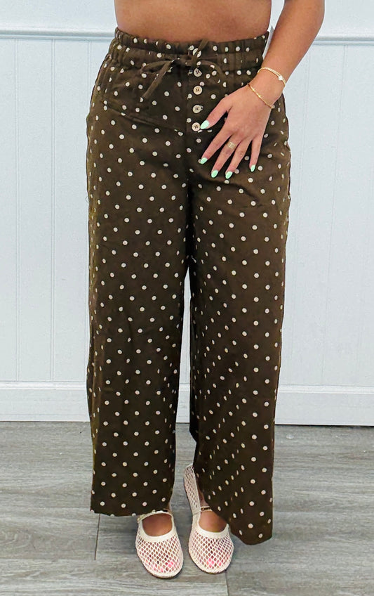 Brown Polka Dot Button Up Wide Leg Pants (Reg.)