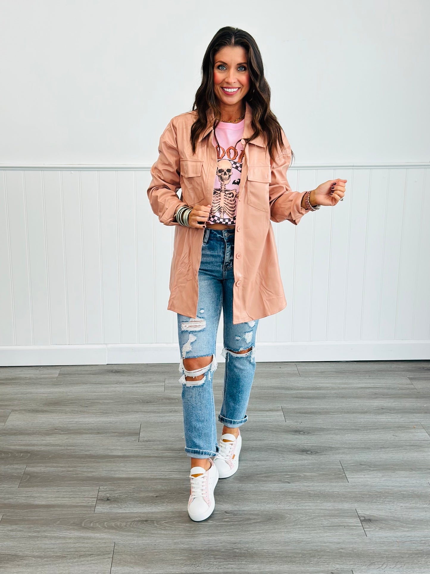 Blush Faux Leather Button Up Top (Reg.)