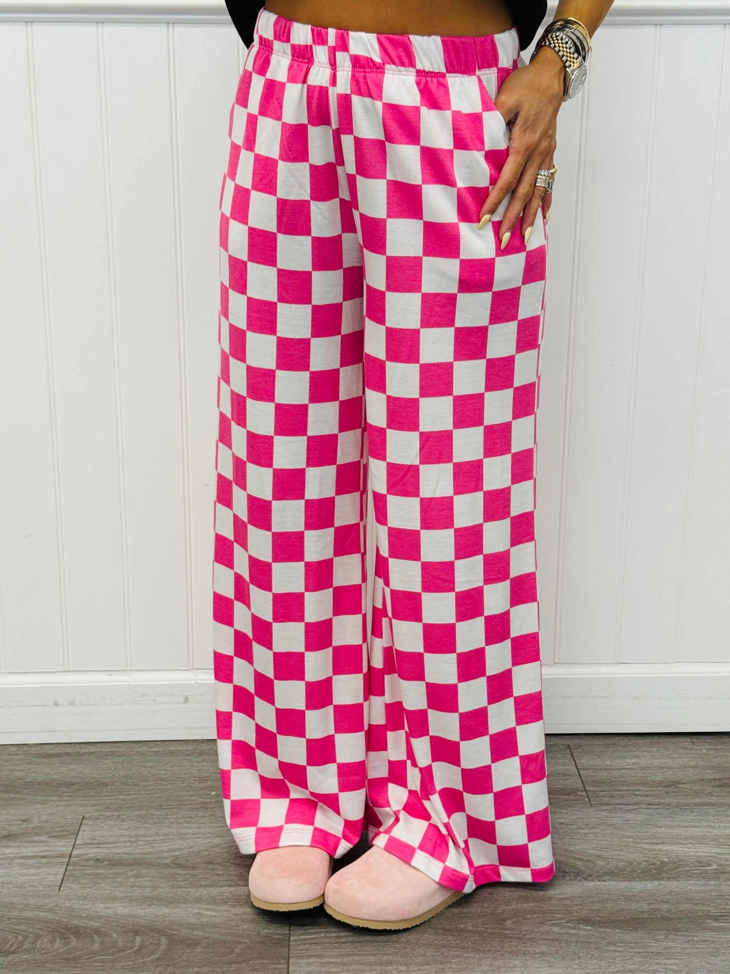 Pink/White Checkered Knit Pants (Reg & Plus)