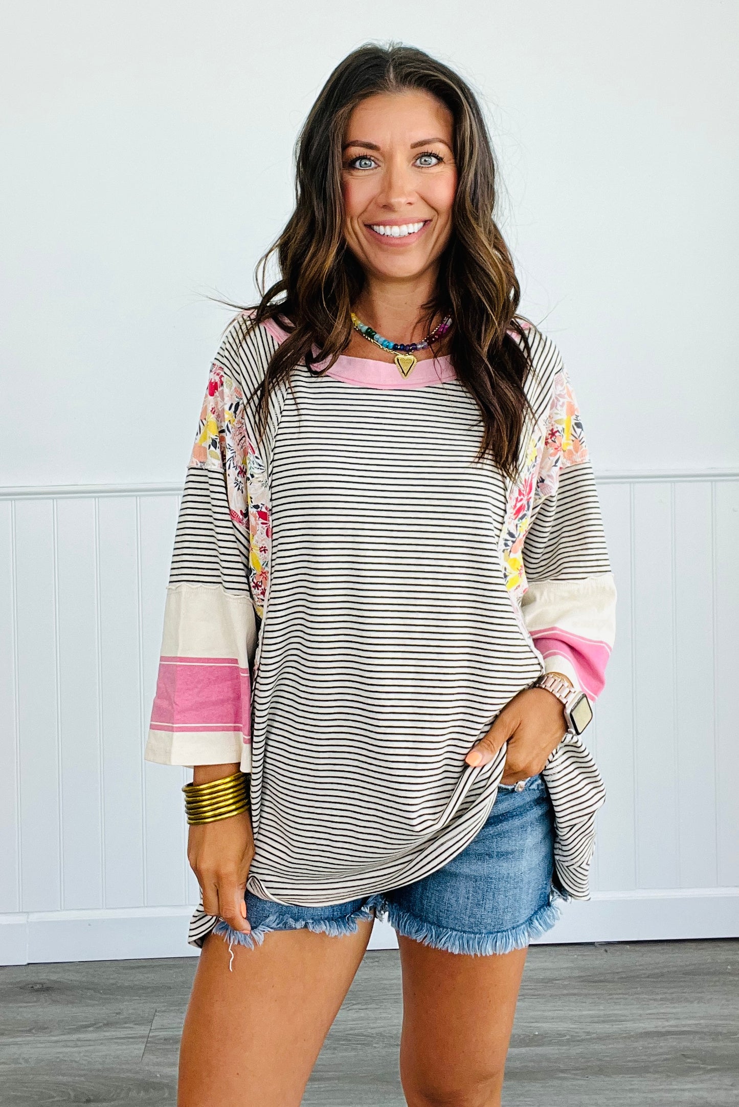 Striped Mix Print 3/4 Dolman Sleeve Top (Reg. and Plus)