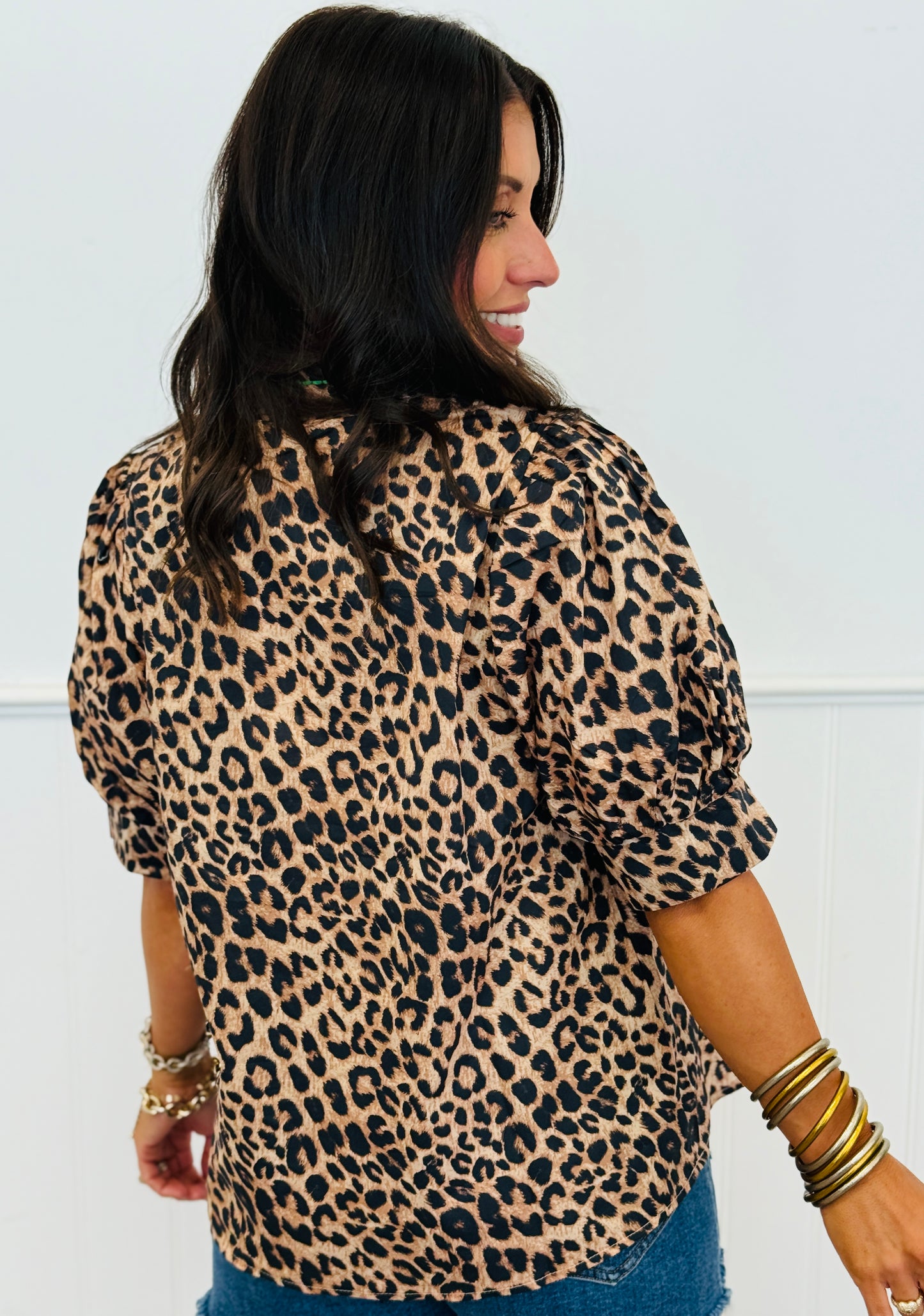 Leopard Print Embroidered Puff Sleeve Top (Reg.)