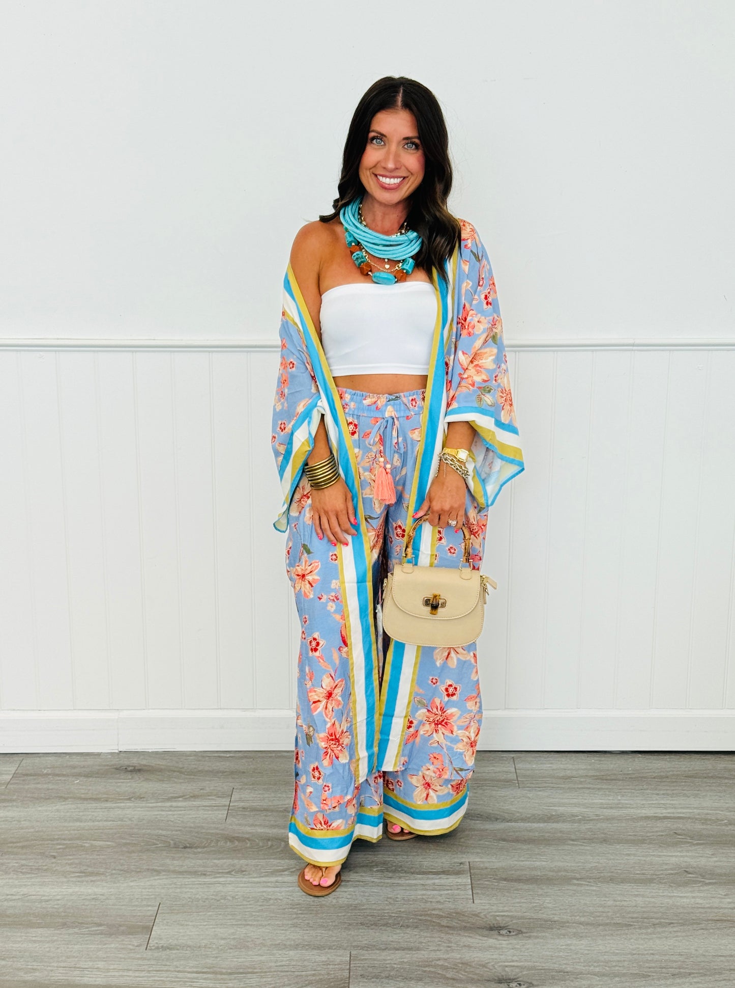 Lt. Blue Multi Floral Printed Kimono Cardigan (Reg. & Plus)