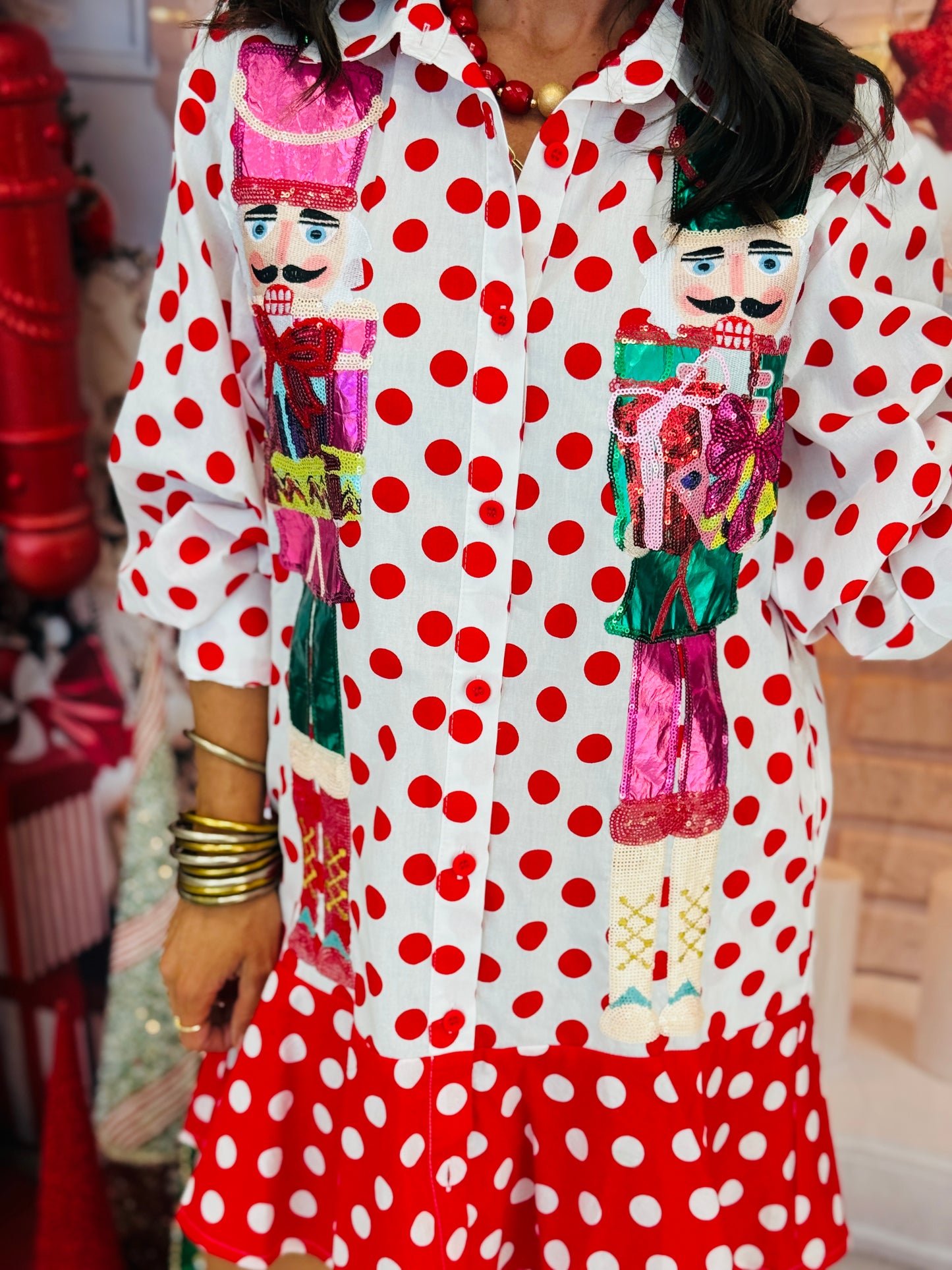 Queen Of Sparkles  Red & White Polka Dot Metallic Nutcracker Dress (Reg. and Plus)