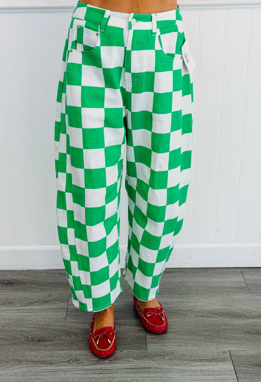 Kelly Green Checkered Print Barrel Pants (Reg. and Plus)