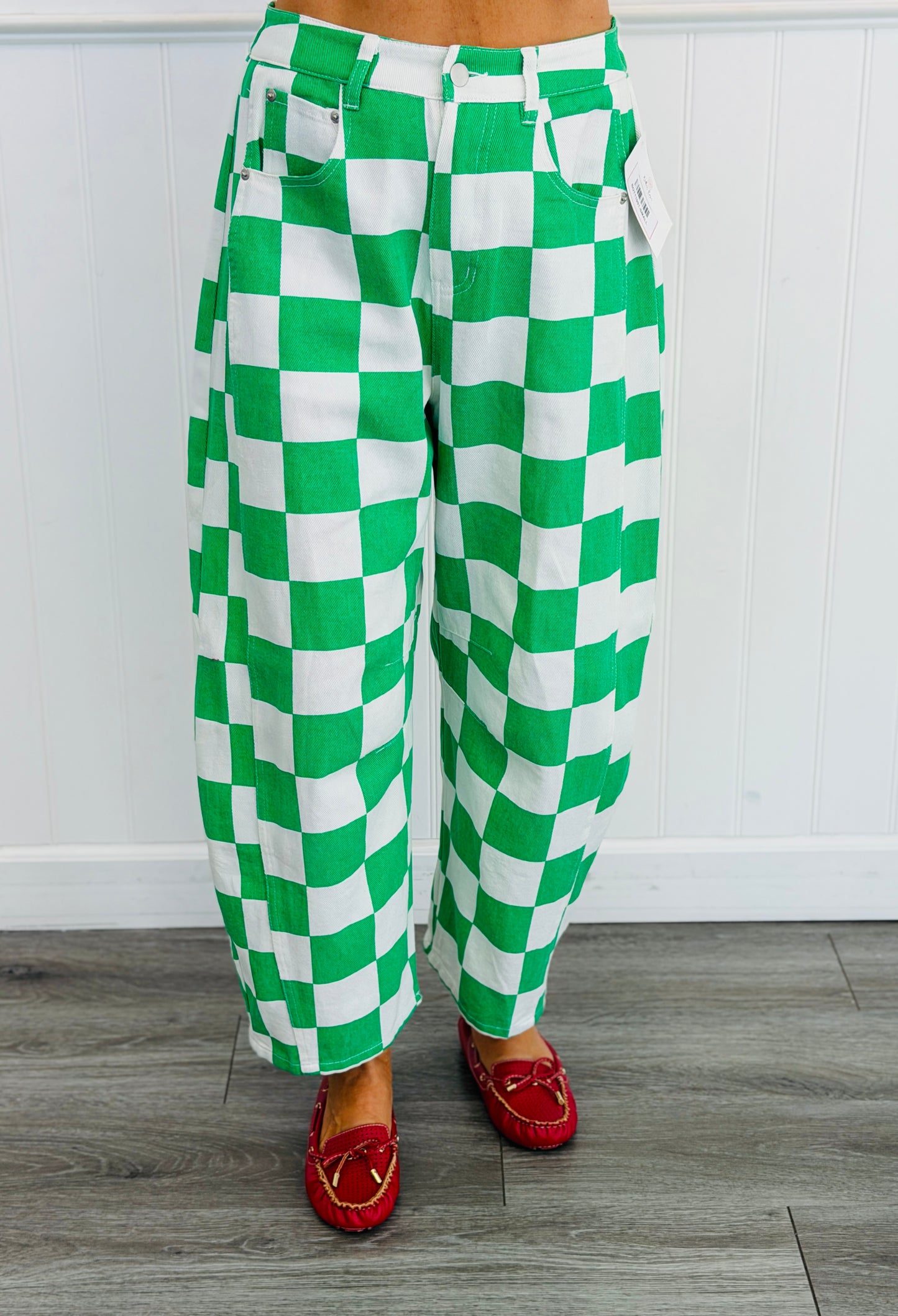 Kelly Green Checkered Print Barrel Pants (Reg. and Plus)