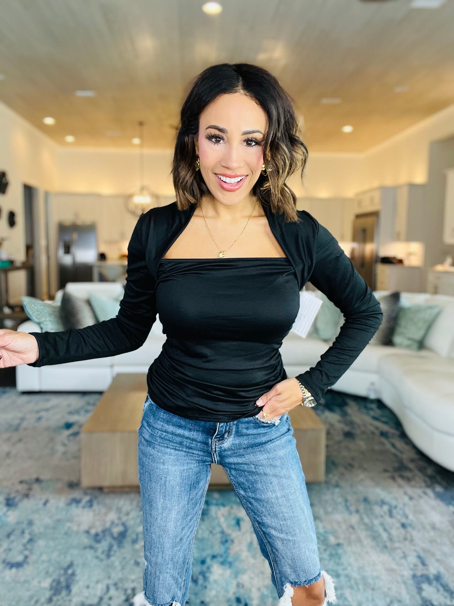Black Square Neck Shirred Top (Reg.)