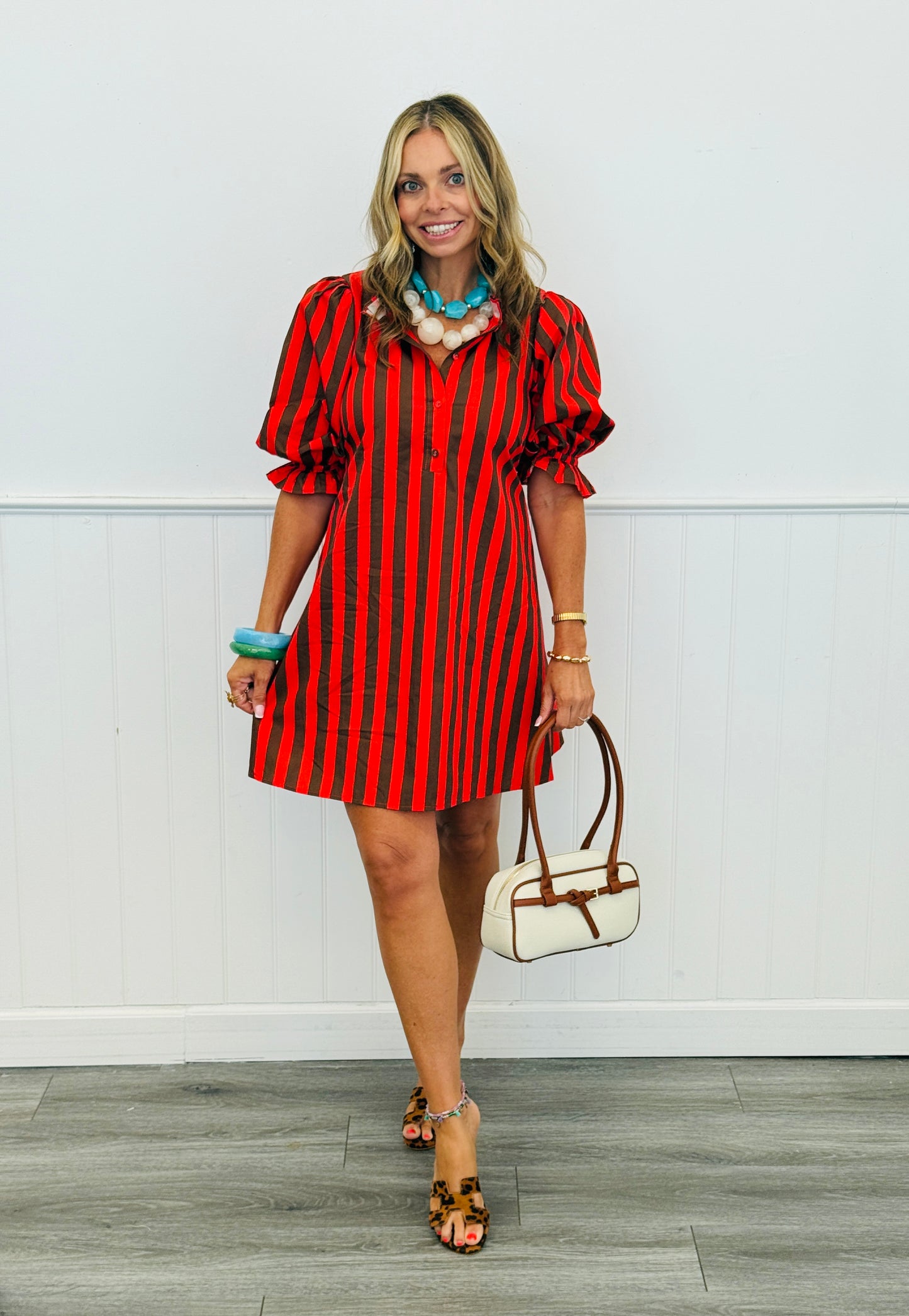 Red Brown Striped Tie Back Mini Dress (Reg & Plus)