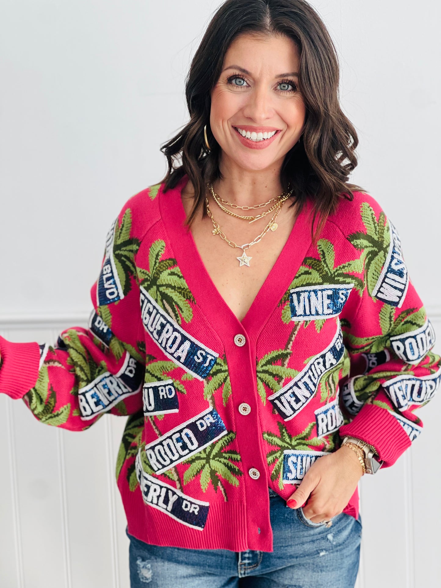 Queen Of Sparkles LA Street Sign & Palm Tree Cardigan (Reg. & Plus)