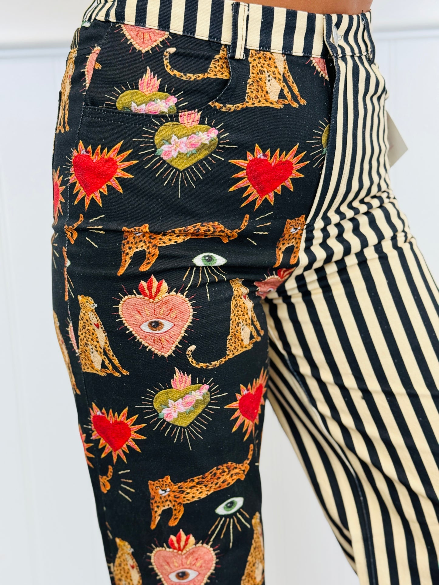Split Decision Black/Beige Printed Stripe Pants (Reg & Plus)