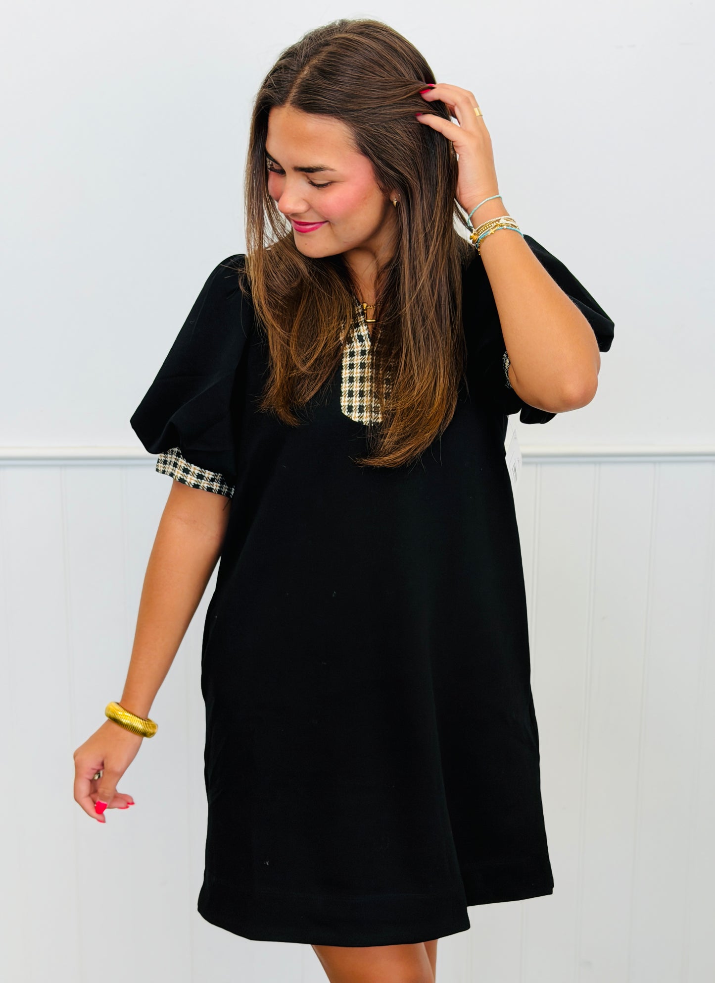 Black Gingham Trim Mini Shift Dress (Reg & Plus)