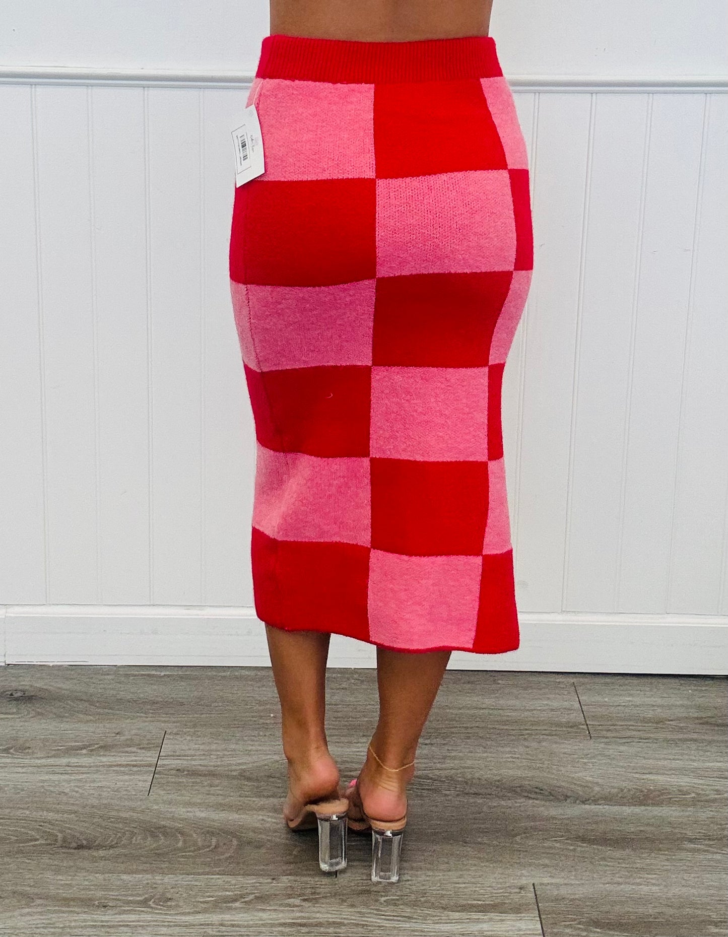 Red/Pink Checkered Knit Pencil Midi Skirt (Reg. and Plus)