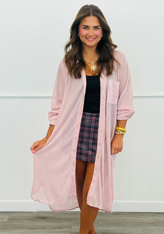 Rose Pink Shimmer Sheer Longline Top (Reg. and Plus)