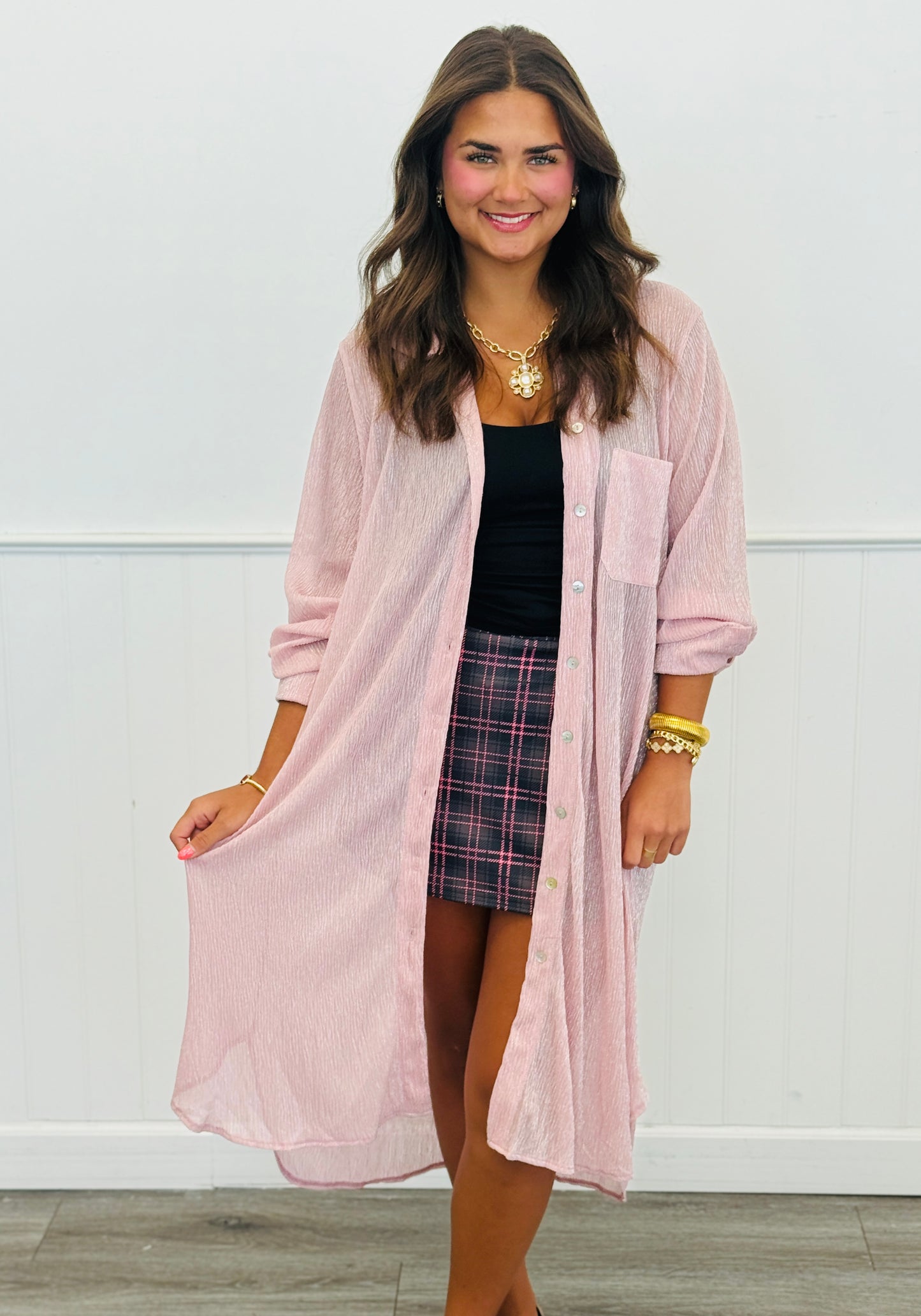 Rose Pink Shimmer Sheer Longline Top (Reg. and Plus)
