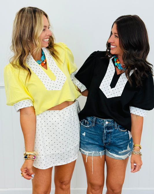 Tiny Dot Contrast Puff Sleeve Top (Reg.) - 2 Colors
