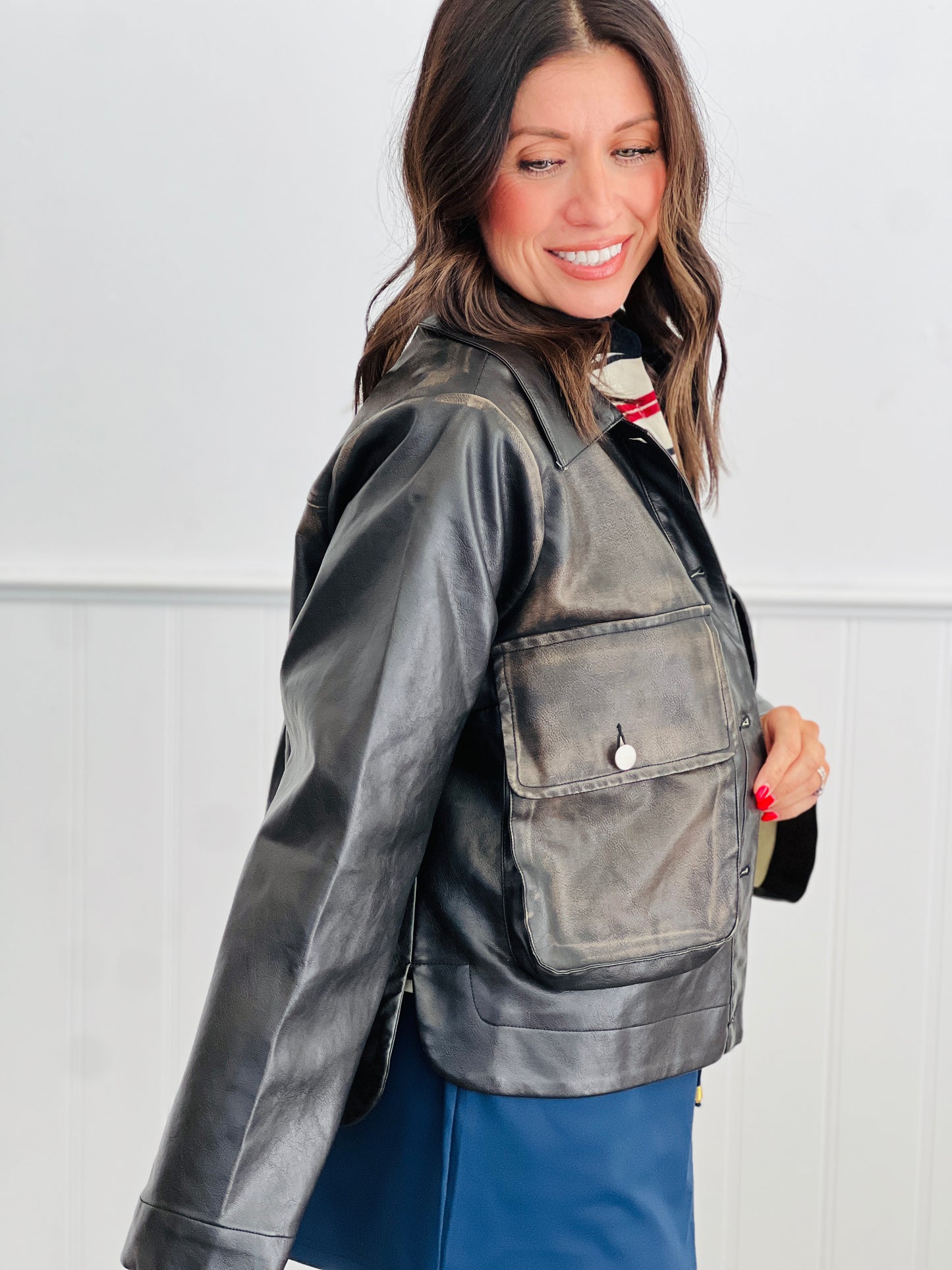 Washed Black Faux Leather Jacket (Reg & Plus)