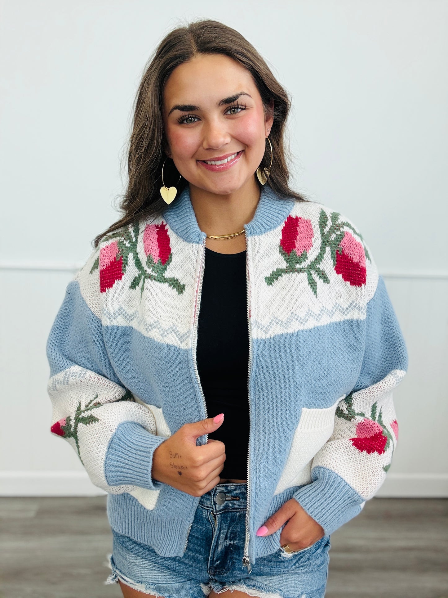 Light Blue Floral Zip Up Sweater Jacket (Reg.)