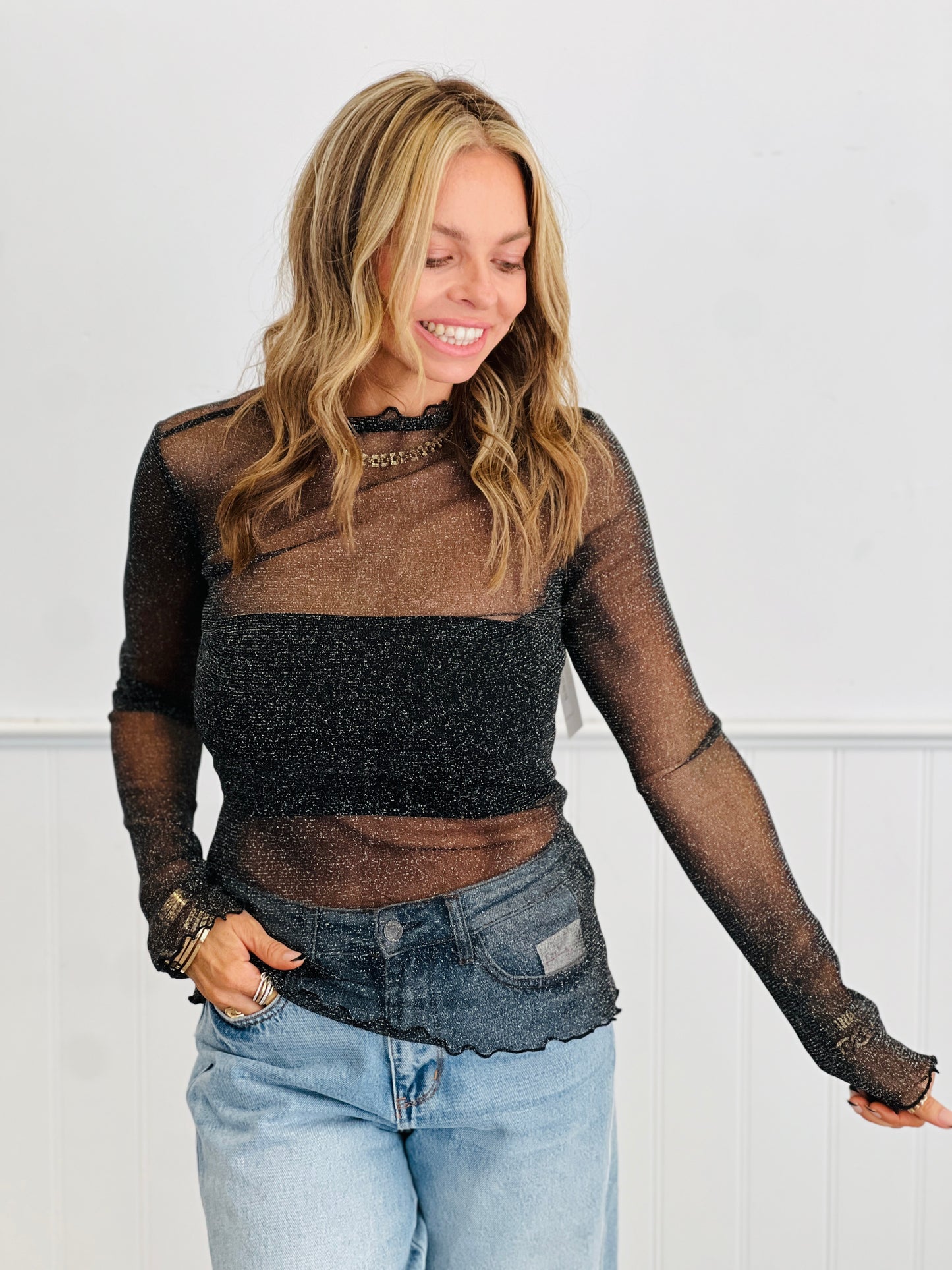 Lurex Mesh LS Blouse (Reg & Plus)-2 Colors