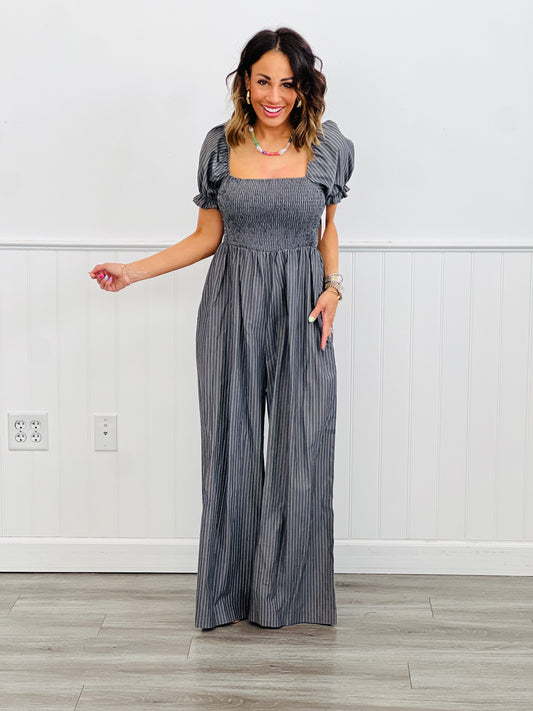 Charcoal Puff Sleeve Jumpsuit (Reg & Plus)
