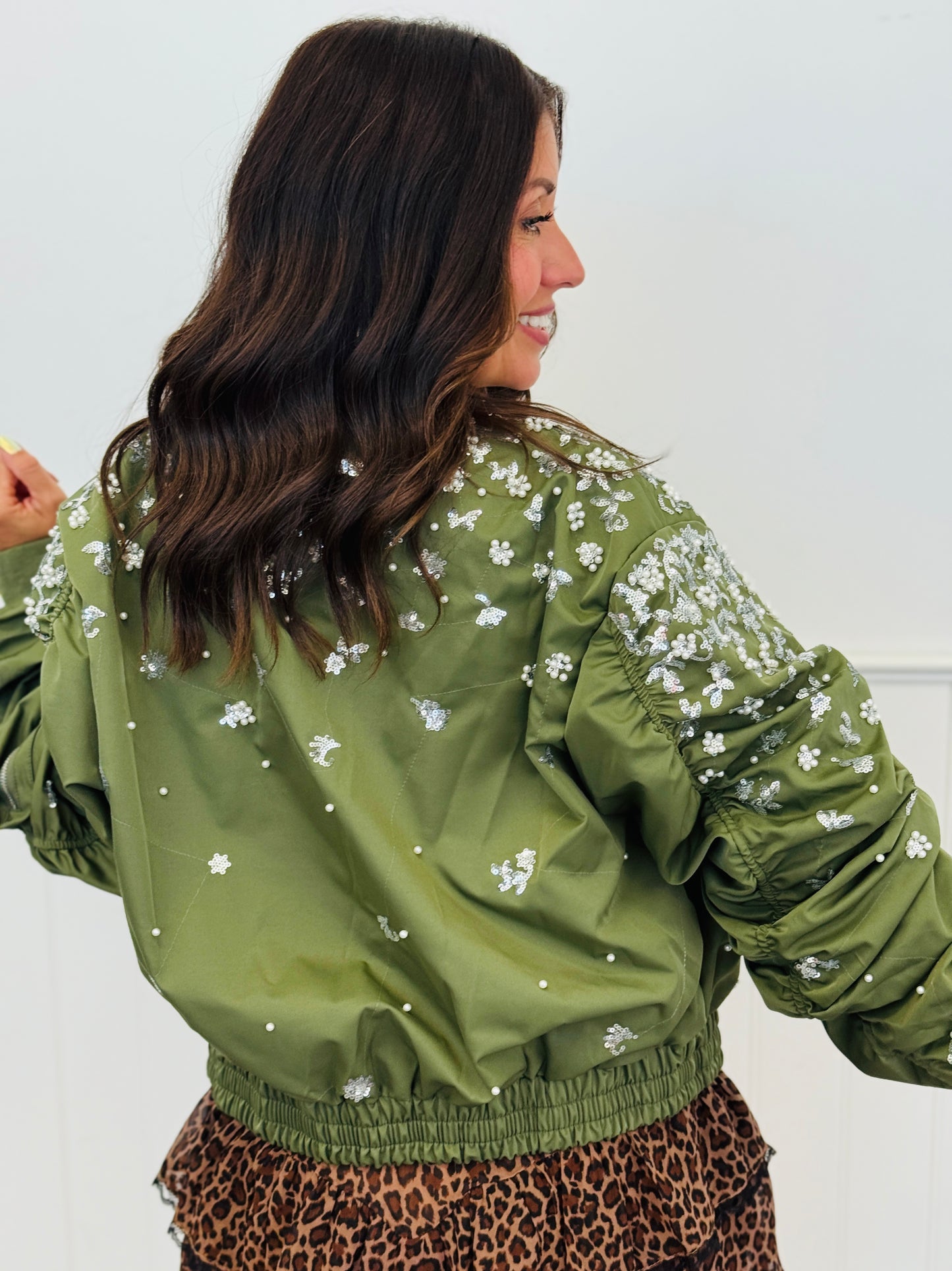 Olive Beaded Sequin Zip Up Jacket (Reg.)