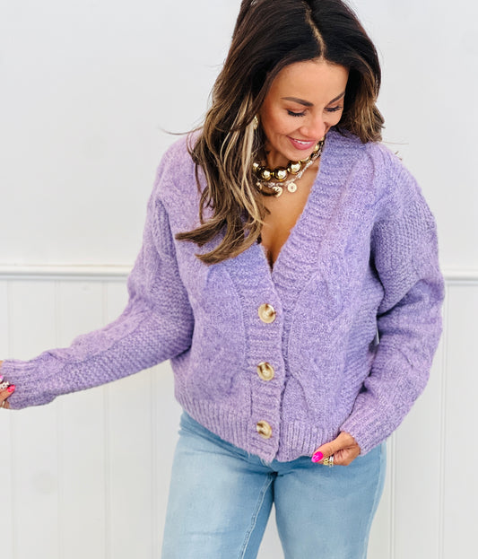 Lavender Cable Knit Button Up Cardigan (Reg.)