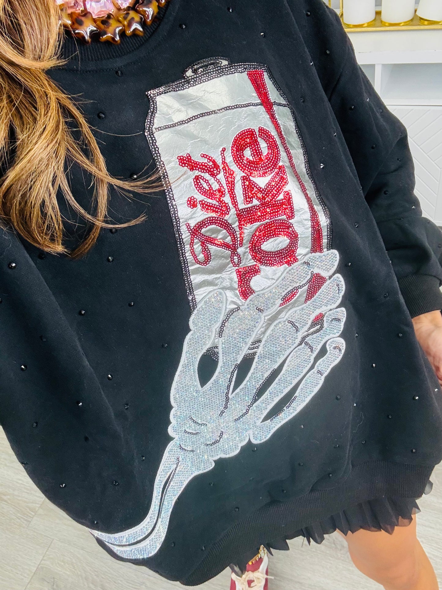 Queen Of Sparkles Black Skeleton Hand Diet Coke Sweatshirt (Reg. and Plus)