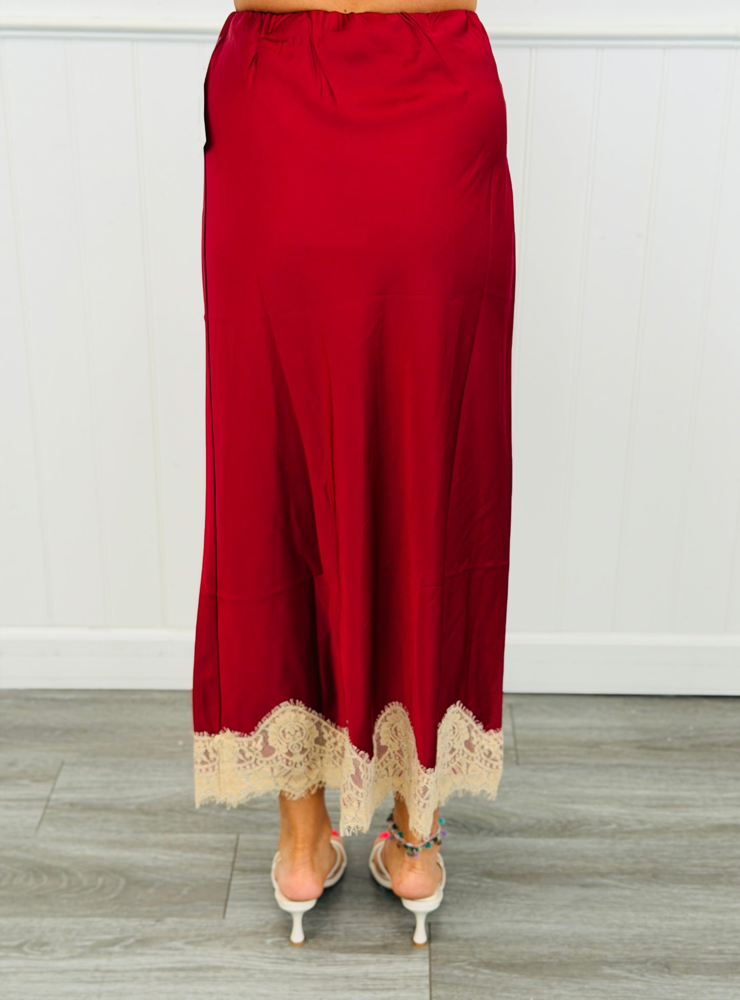 Dk Red Lace Trim Midi Skirt (Reg and Plus)