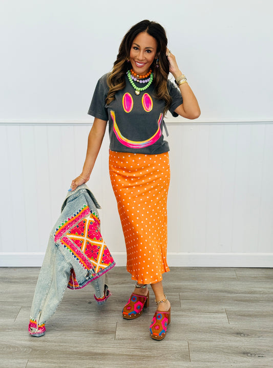 Orange/White Polka Dot Mid Rise Maxi Skirt (Reg.)