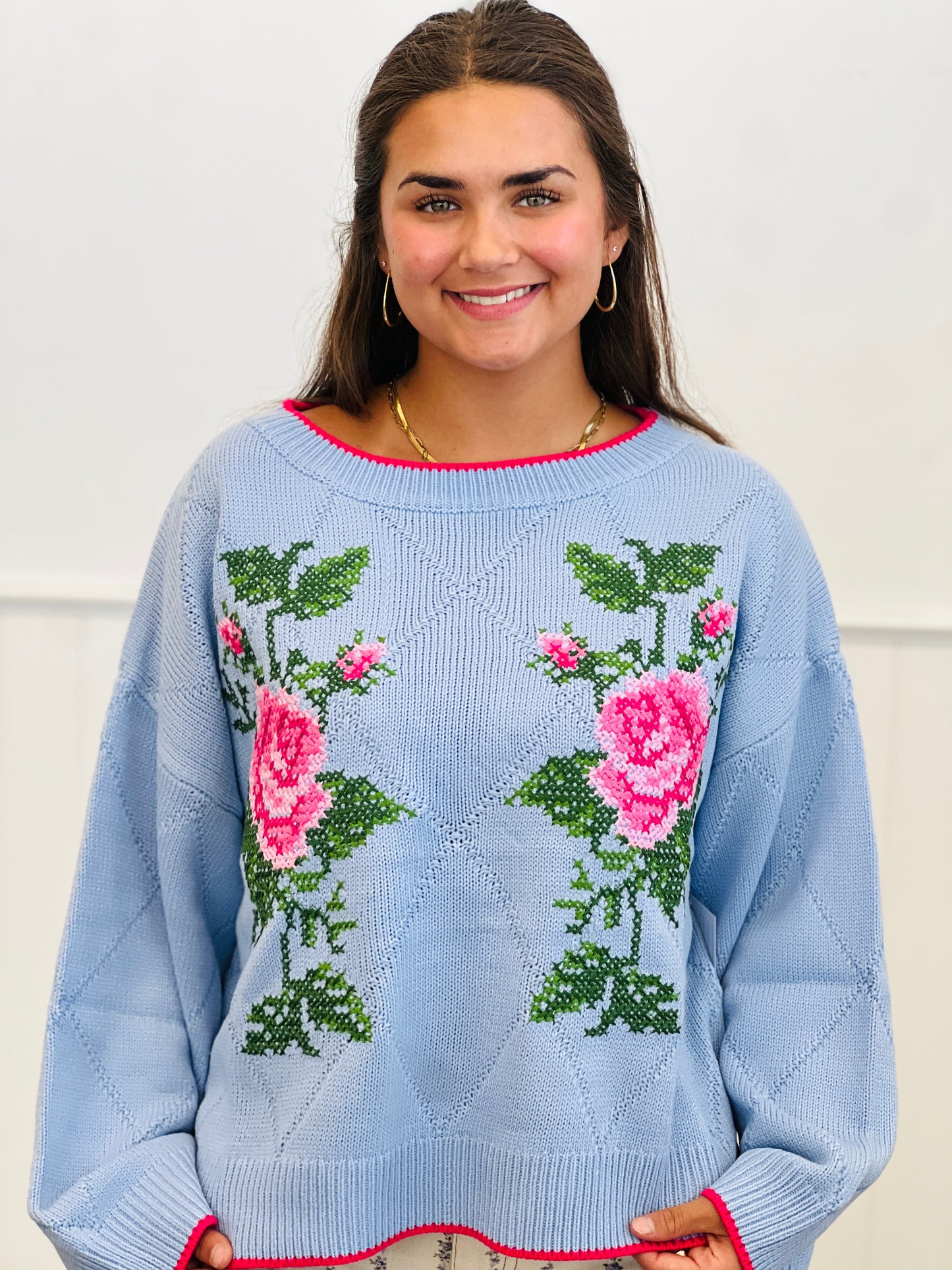 Rose X-Embroidery Jacquard Knit Sweater (Reg.) - 2 Colors