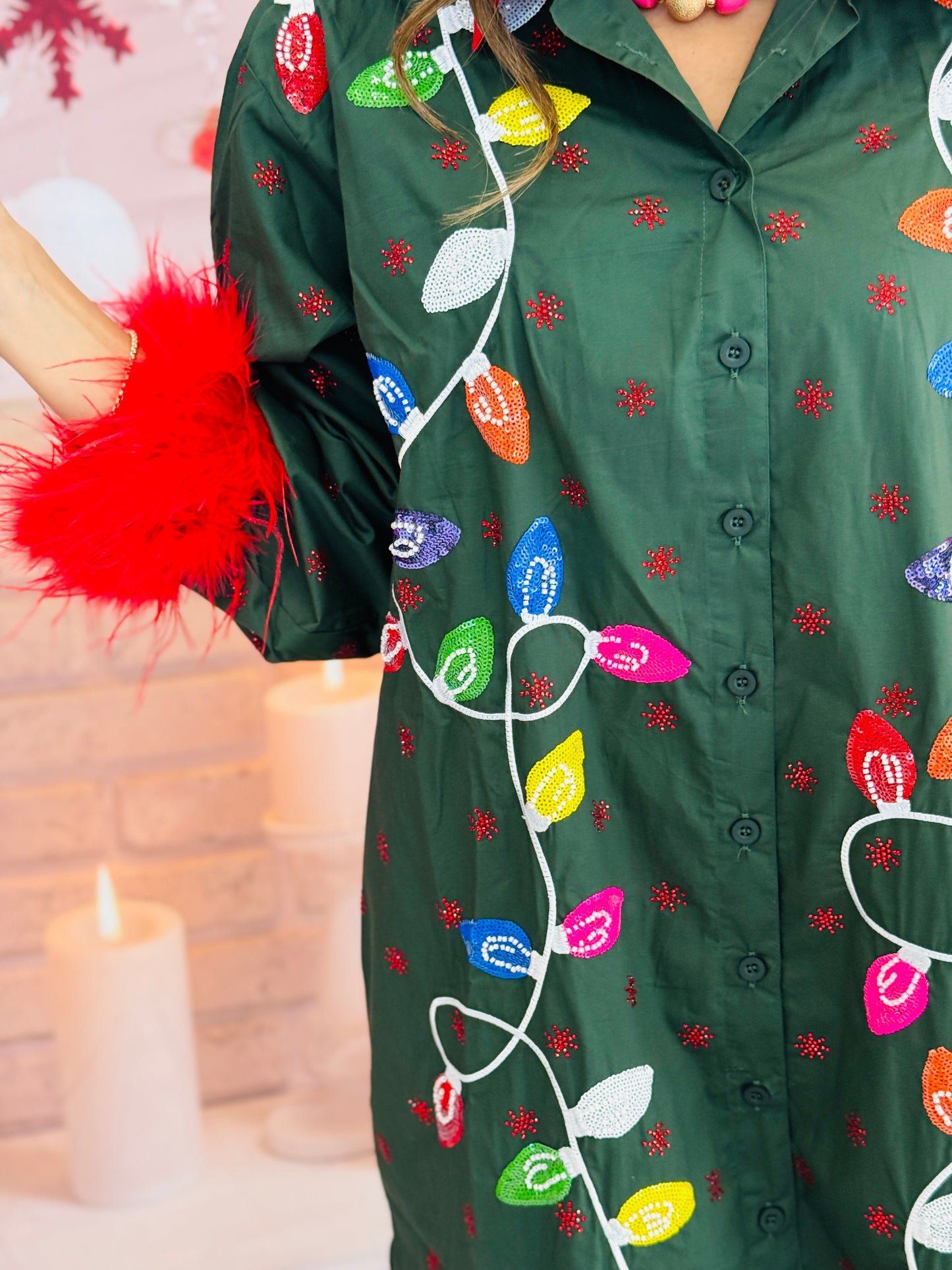 Queen Of Sparkles Dk Green Multi Christmas Lights Feather Trim Midi Dress (Reg. and Plus)